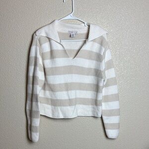 Sincerely Jules Beige and White Striped V-Neck Sweater